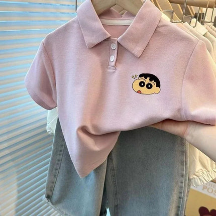 Unisex Children's Summer Polo Shirt Short Sleeve Loose Fit Collared T-Shirt Cartoon Print Versatile Kids' Fashion Basic Tee
