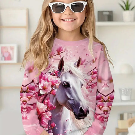 Girl Clothes Fashion Horse 3D Print Kids Long Sleeves T-Shirt Loose Casual Autumn Tops Outdoor Comfortable Children's Clothing