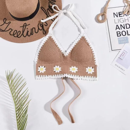 National Style Women's Swimwear Top with Chest Pads Bohemian Beach Wear Outfit Crochet Halter Neck Summer Sling Beach Vacation