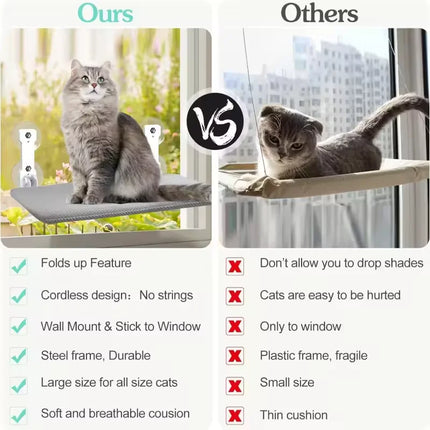 Foldable Cat Window Perch, Cordless Cat Hammock with Strong Suction Cups, Breathable Scratch-Resistant Cat Bed, Sturdy Steel Fra