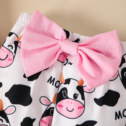 Baby Girl Pink Bodysuit, Cow-Print Flared Pants & Bow Headband Set