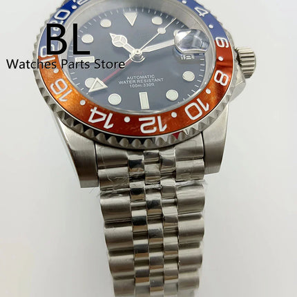 BLIGER 40mm Dive Automatic Men Watch NH34 GMT Black Dial Red GMT Letter Jubilee Bracelet Red Blue Pepsi Color Ceramics Bezel