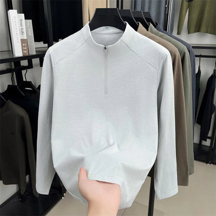Luxury Brand Men's Long-Sleeved T-Shirt Mock Neck Half-Zip Letter Embroidery Personality Retro Spring Tops Trend Hot Men's Clothing