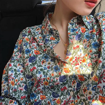 Design Sensation Women's Long Sleeve Floral Print Shirt Early Autumn Casual Wear Collar Button Detail Loose Fit Top