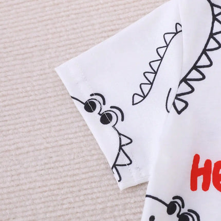 Summer 2-Piece Set New Casual Outdoor Comfort Breathable Cute Dinosaur Print Round Neck Short-Sleeved Denim Shorts Fashion Suit