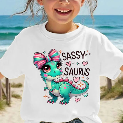 Girls' Kawaii Cartoon Dinosaur Graphic T-Shirt Cute Pink Bow Hearts Print T-Shirt Kids Short Sleeve Tee Y2k Children's Clothing