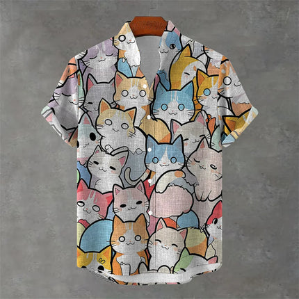 Men's New Short-Sleeved Shirt, Cartoon Cat Print, Hawaiian Style Casual Vacation Lapel Top, Wrinkle-Resistant and Non-Iron.