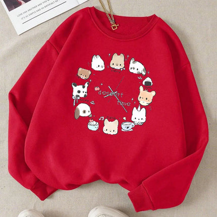 Dessert Time Creative Animals Clock Design Printed Sweatshirts Woman Top O-Neck Fleece Streetwear Soft Autumn Women's Clothing