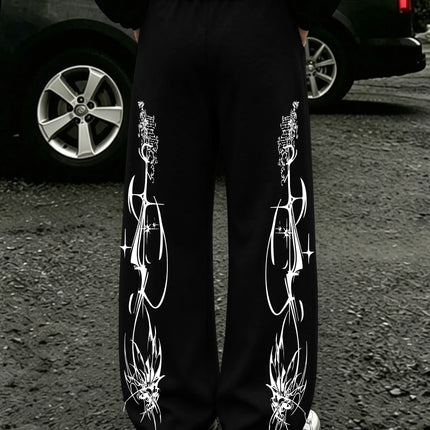 Y2K Dark Punk Abstract Gothic Cross Star Print Mens Baggy Wide Leg Sweat Pants Loose Straight Drawstring Hip Hop Street Joggers