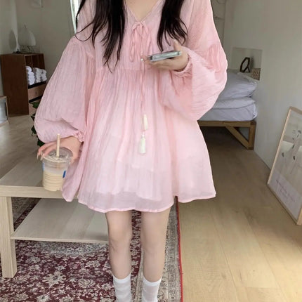 Korean Version V-neck Long Sleeved Shirt for Women's Spring 2024 New Loose Medium Long Sun Protection Shirt Top Two-piece Set