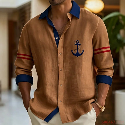 2026 Summer New Men's Long-Sleeve Shirt, Contrasting Collar with Anchor Print, Fashionable Casual Hawaiian Shirt, XS-6XL