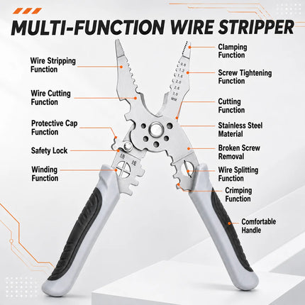 10-in-1 Professional Electrician Wire Stripper Pliers Heavy Duty Cable Cutting Crimping Tool Stainless Steel with Non-Slip Grip