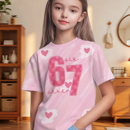 67 Meme T-Shirt for Boys Girls Fashion Splashed Ink 3D Print Girl Short Sleeve Tees Round Neck Tops Loose Children's Clothing