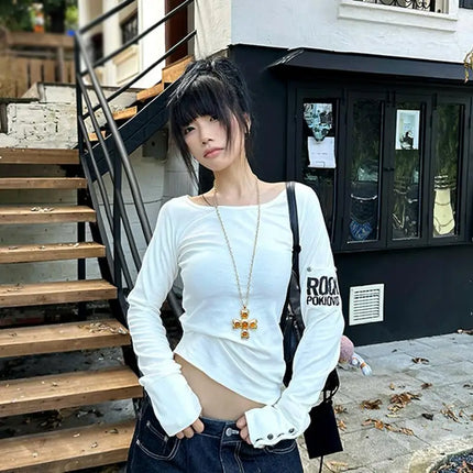 Tonngirls American Retro Print T-shirt Women Long Sleeve Button Graphic Tops Y2k Tops 2000s Japanese Grunge Tops E-girls Autumn