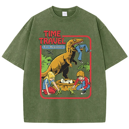 Stealing Dinosaur Baby Caught Washed Retro Men's T-Shirts Cotton Casual Short Sleeve Fashion Breathable Loose Oversized T-Shirt