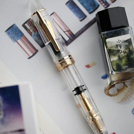 MAJOHN P140 Transparent Fountain Pen Sun Nib Metal Copper Piston Light Resin Body PK X159 9019 Stationery School Supplies