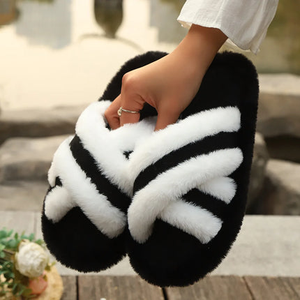 2025 New Furry Slippers Home Women's Fluffy Slides Autumn Winter Indoor Fashion EVA Light Cross Flip Flops Soft Flat Shoes Woman