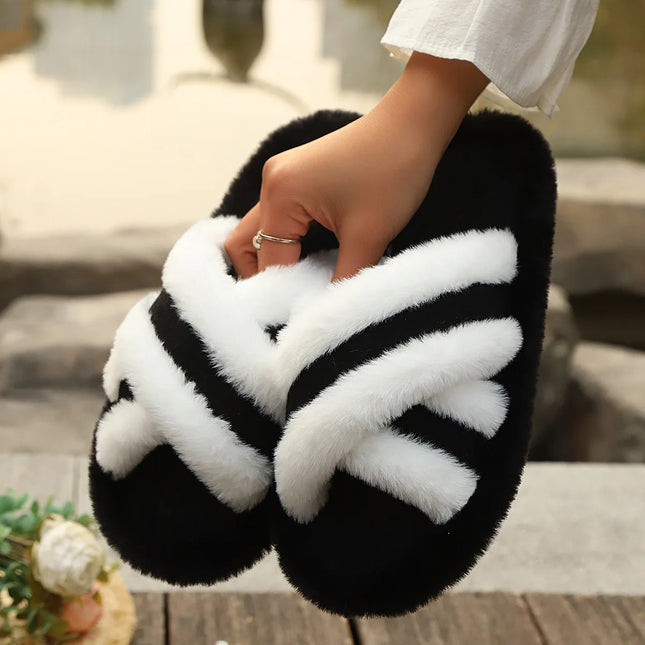 2025 New Furry Slippers Home Women's Fluffy Slides Autumn Winter Indoor Fashion EVA Light Cross Flip Flops Soft Flat Shoes Woman