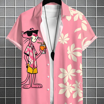 Cartoon Leopard Graphic Men Short Sleeve Lapel Shirt Tops Unisex Pink Button-Down Hawaiian Shirts Summer Daily Female Blouses