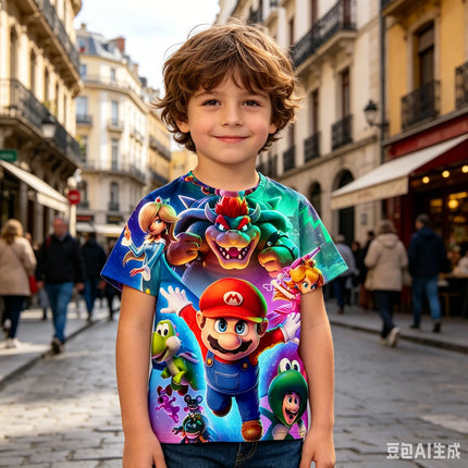 Bandai Marios and Luigi 2026 Summer Cartoon 3D Printing Comfortable Versatile Brothers Parent-child Breathable Quick kids Tshirt