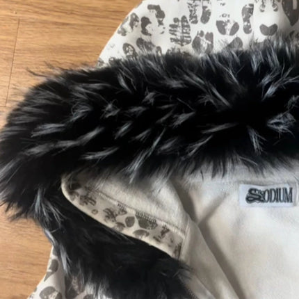 Autumn and winter fuzzy collar retro men's and women's personalized street fashion printed hooded zipper sportswear