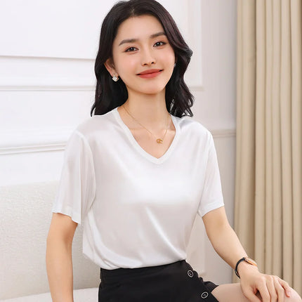 2026 Summer New Women's T-shirt V-neck Knitted Women's Short Sleeve High end Acetate Fiber White Fashion Women's Top