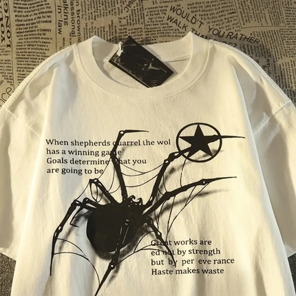 Y2K Korean Streetwear Spider Graphic Acubi Harajuku Egirl Grunge Aesthetic Round Neck Trendy Short-sleeved Top Women's Clothing
