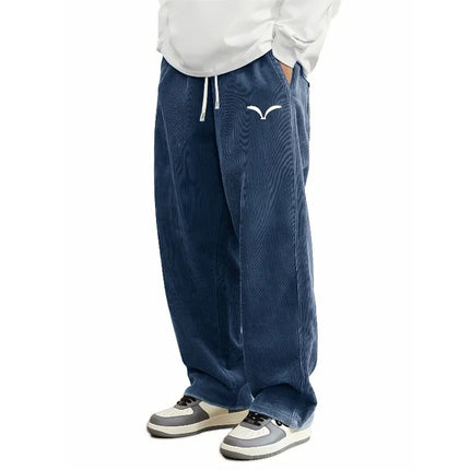 Comfort Mens Corduroy Wide Leg Trousers Wing Symbol Print Drawstring Waist Lightweight Casual Pants Double Side Pockets