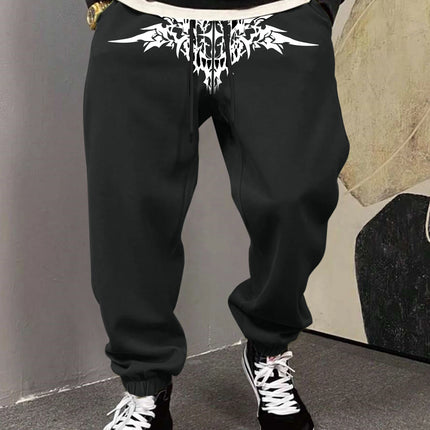 Men's Gothic Symmetric Demon Fangs Thorn Tribal Print Sweatpants Elastic Waist Soft Dark Punk Street Hip Hop Joggers