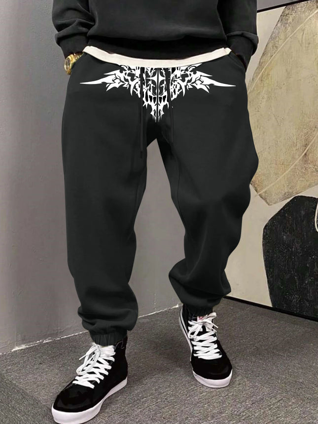 Men's Gothic Symmetric Demon Fangs Thorn Tribal Print Sweatpants Elastic Waist Soft Dark Punk Street Hip Hop Joggers