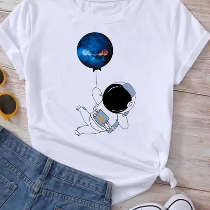 Women Moon Planet Print Fashion Tee Shirts Casual Round Neck Short Sleeve Streetwear Female T-Shirt Vintage Tops