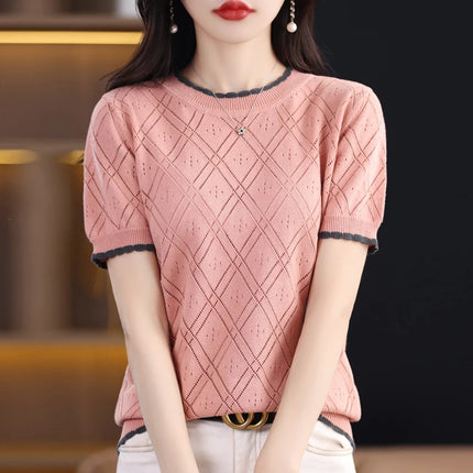Summer New 100% Cotton Women's T-shirt Casual Solid Color Hollow Out Knit Pullover Short Sleeved Casual Fashion Round Neck Tees