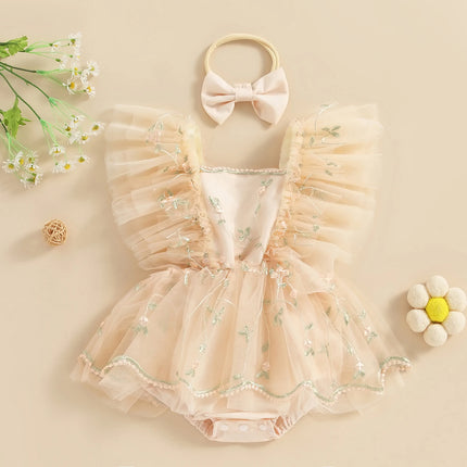 Citgeett Summer Infant Baby Girls Bodysuit Dress Fly Sleeve Floral Embroidery Tulle Jumpsuit Bow Headband Clothes