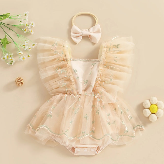 Citgeett Summer Infant Baby Girls Bodysuit Dress Fly Sleeve Floral Embroidery Tulle Jumpsuit Bow Headband Clothes