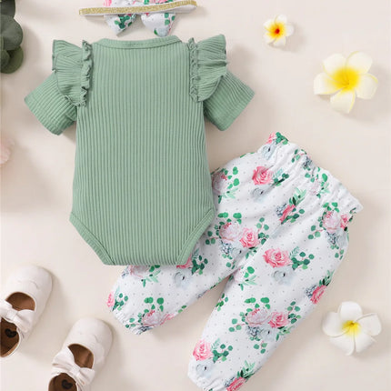 Newborn Baby Girl 3PCS Clothes Set Letters Short Sleeve Romper+Flowers Pant+Bowknot Headband Summer Lovely Outfit