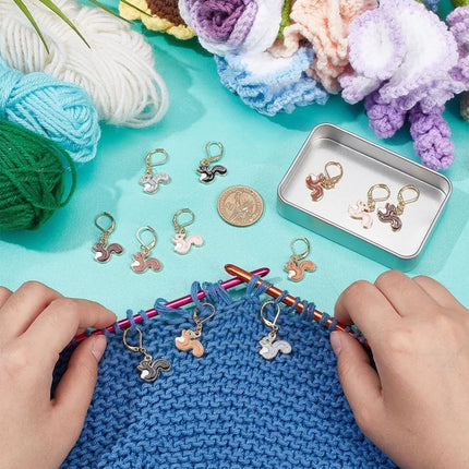 12 Pcs 6 Colors Squirrel Stitch Markers Alloy Enamel Crochet Stitch Marker Locking Stitch Marker with Leverback Clasp making kit