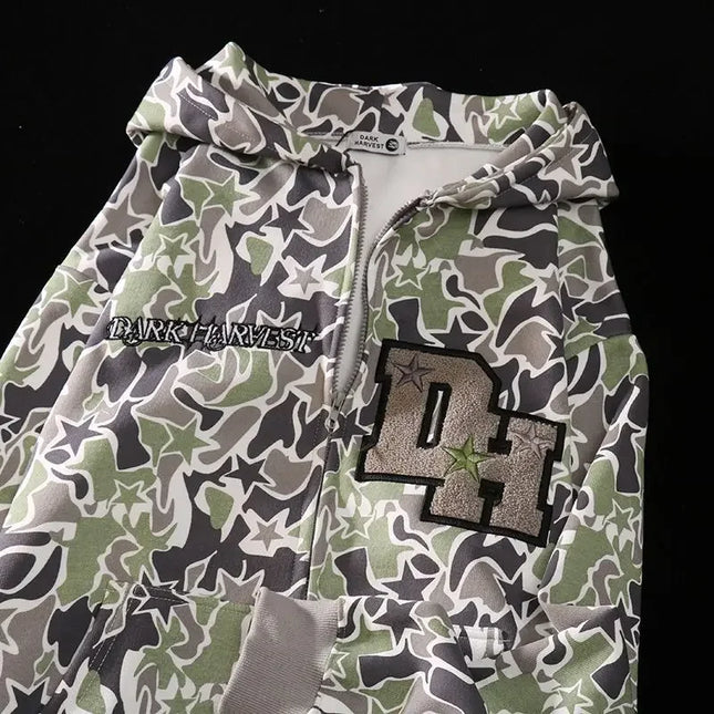y2k all-print American camouflage hooded jacket men and women devil tide brand zipper couple pentagram hooded cardigan hot sale