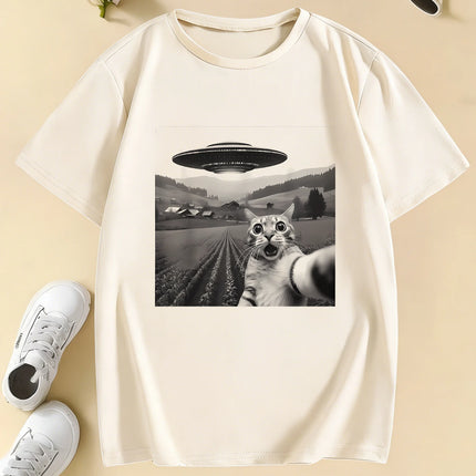 Funny Casual Ufo Cat Kawaii Design Print T Shirts Kids Children's T-shirt Anime Boys Girls Summer Spring Casual Top Tee