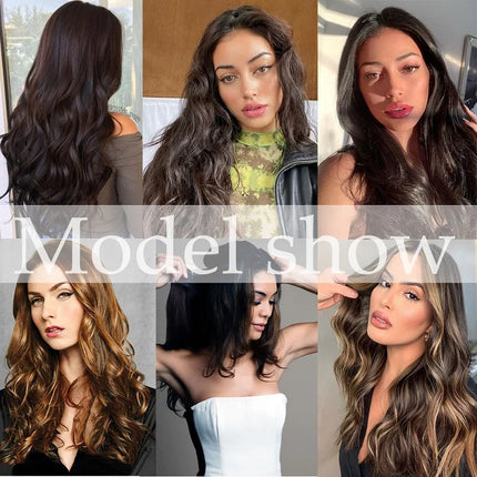 24Inch Synthetic Long Culry Hair Extension V-shaped One Piece Fluffy Invisible Hair Black Brown Hairpiece for Women