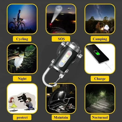 Mini Keychain Flashlight Rechargeable COB Pocket Work Light with Hook Emergency Warning Lamp for Camping Hiking Walking Outdoor