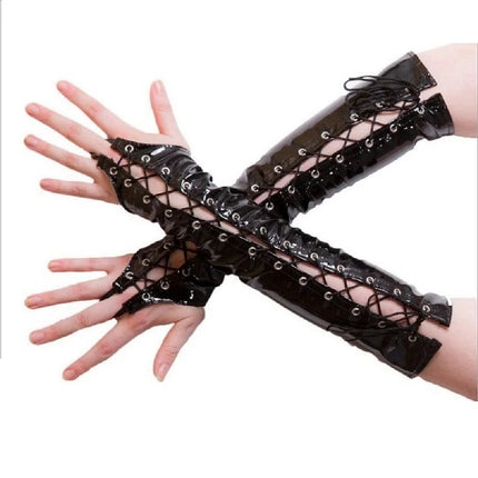 Sexy Long PVC Women Black Red Gloves Ladies Fetish Faux Leather Black Bandage Gloves Clubwear Sexy Cosplay Costumes Night Club