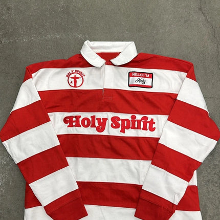 Unisex Red White Stripe Rugby Polo Long Sleeve Shirt, Holy Spirit Embroidery Patch Loose Vintage Y2K Streetwear Pullover Top