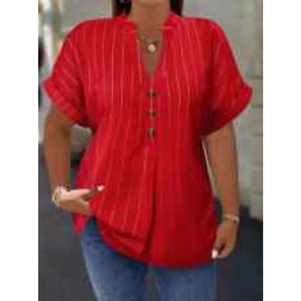 Spring Summer Plus-size Sleeve Shirt V-neck Buttoned Batwing Top Vertical Stripes Slim Fit Women's Autumn and winter innerwear