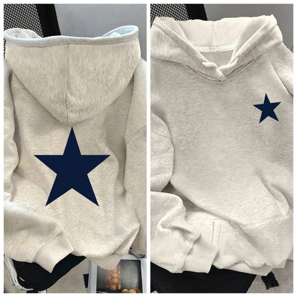 Womens Cotton Hoodie Light Gray Loose Fit Autumn Winter Warmth Casual Streetwear Front Small Star Back Large Star Pattern