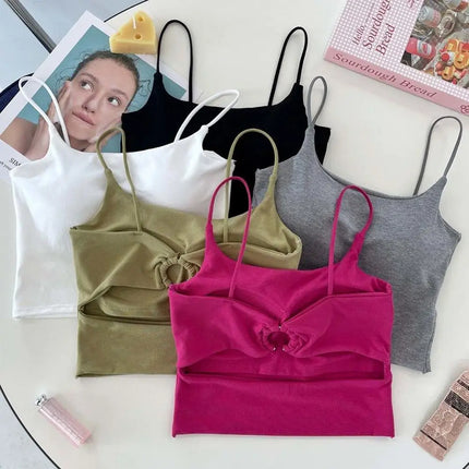 New Women's Tank Tops: Sexy Hollow Back Camisole with Chest Pad, Summer Basic Elastic Tank Top, One-Piece Vest, Casual Short Crop Tops