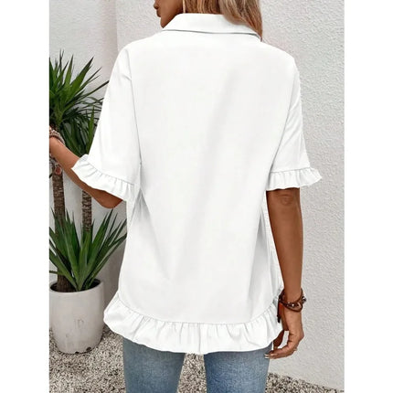 Plus Size 1XL-5XL Summer New Women's Clothing Solid Color Loose Ruffle Hem Loose Shirt ﻿