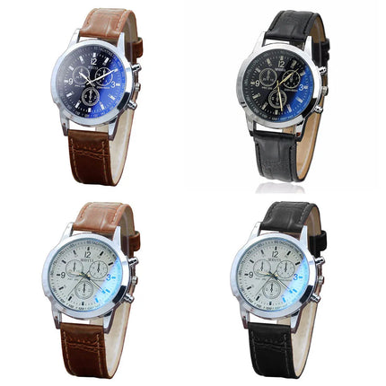 Luxury Blue Ray Glass Watches For Men Neutral Quartz Simulates The Wrist Watch Brand Casual Leather Strap Watches Reloj Hombre