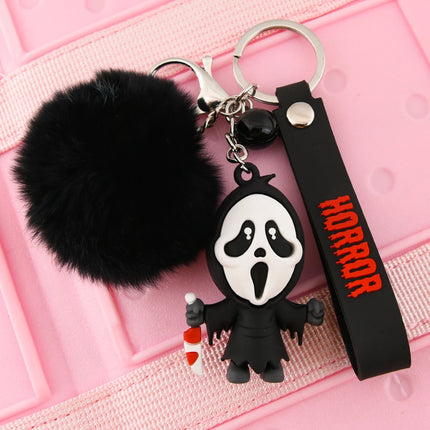 1pcs Creepy-Cute Horror Ghost Keychains With Black Fur Ball & Gothic Charm - Spooky Kawaii Keyring For Halloween Accessories