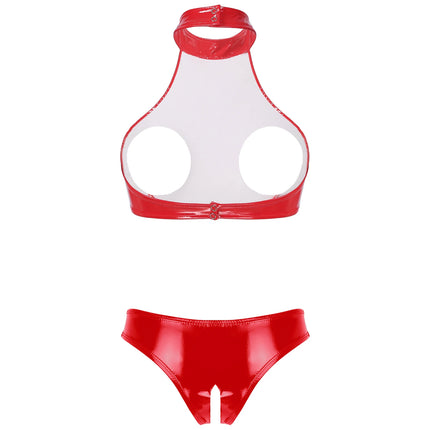 Underwear Set 2 Piece Sexy Women Hollow Crotch Open Bust Latex Leather Bra And Thong Exotic Adult Club Clothing Lingerie Outfits