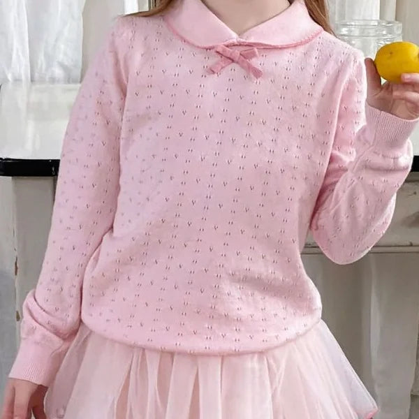 2026 Spring Sweet Preppy Style Girls Blouse Pink Peter Pan Collar Bow Openwork Knit Top Soft Long Sleeve Children Tee